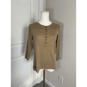 Women's Lauren Polo Ralph Lauren Vintage 3/4 Sleeve Henley Tan Shirt Size Medium